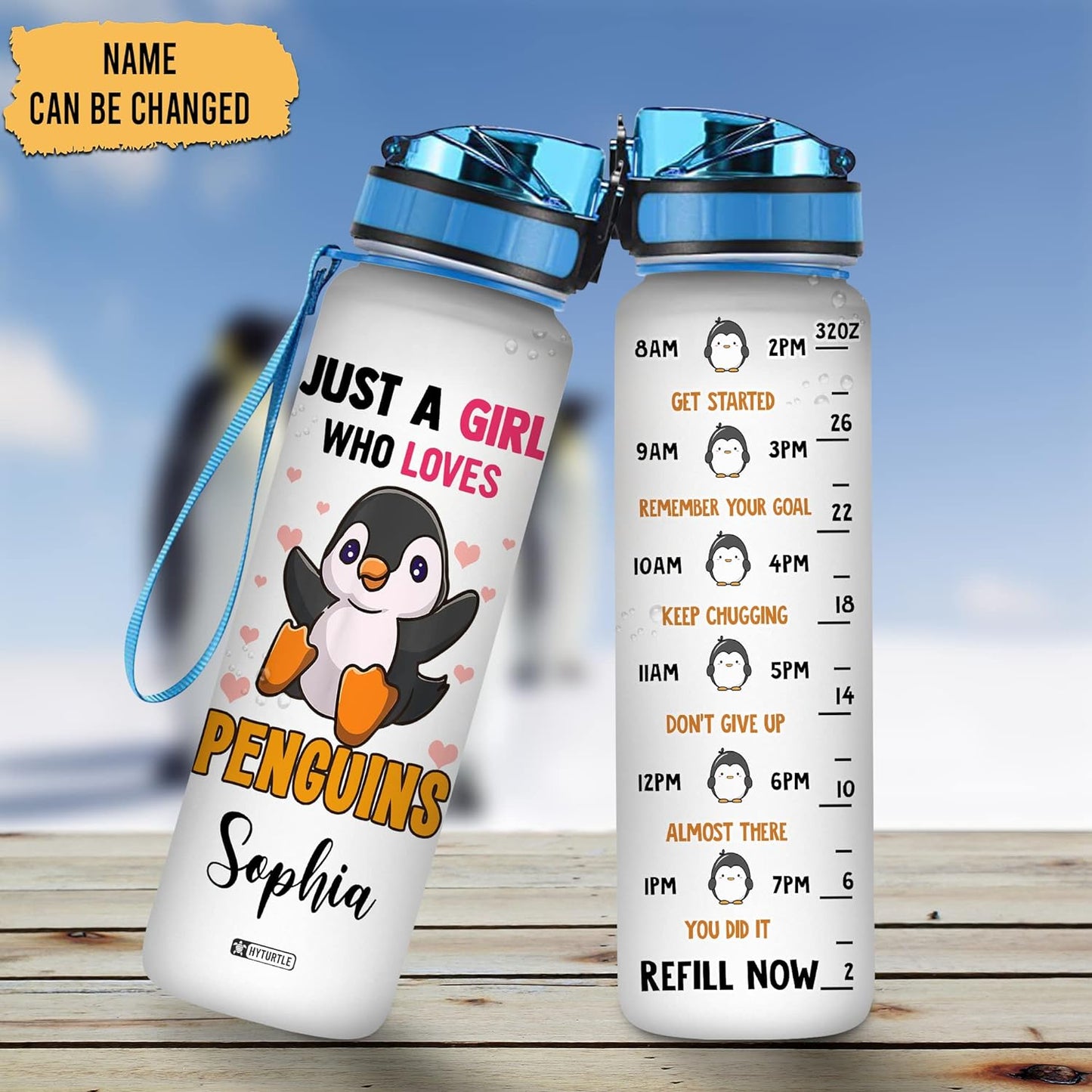 Penguin Lover Water Bottle Tracker 32oz Personalized – Cute Motivational Daily Bottle with Time Marker – Unique Gift for Women & Kids