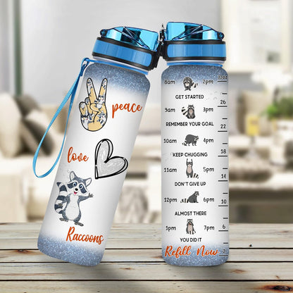 Cute Raccoons Water Bottle Tracker 32oz – Personalized Animal Lover Hydration Bottle with Time Marker – Fun Gift for Women Girls