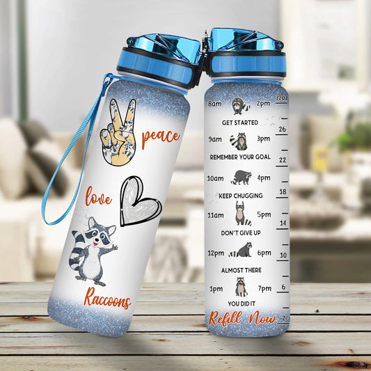 Cute Raccoons Water Bottle Tracker 32oz – Personalized Animal Lover Hydration Bottle with Time Marker – Fun Gift for Women Girls