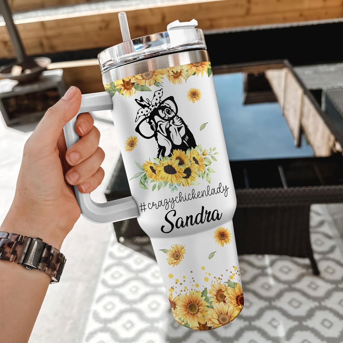 Sunflower Chicken Lady Tumbler 40oz with Handle & Straw – Personalized Stainless Steel Insulated Cup with Lid – Fun Gift for Farm Animal Lovers
