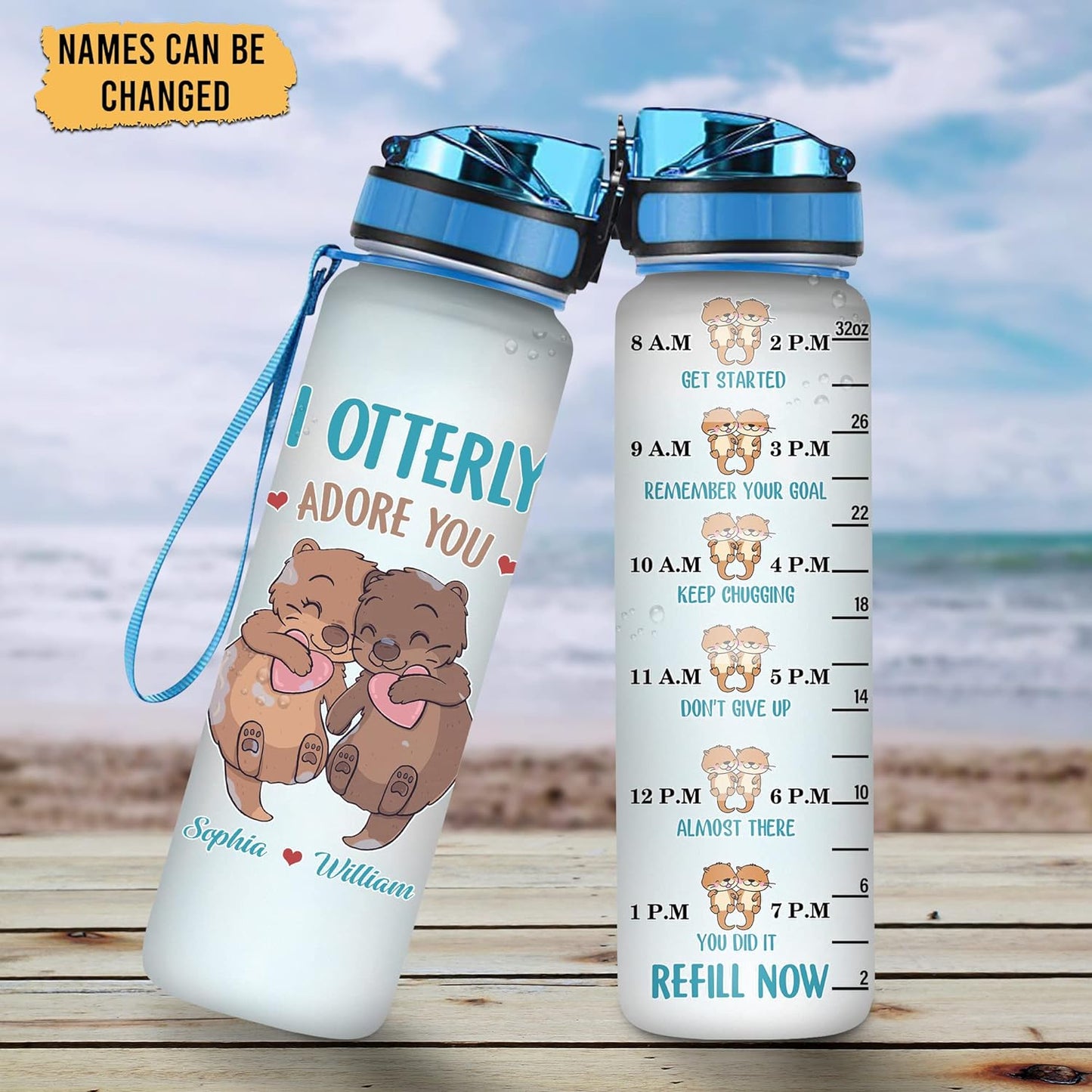Otter Couple Water Bottle Tracker 32oz Personalized – Cute Animal Love Hydration Bottle with Time Marker – Romantic Gift for Couples