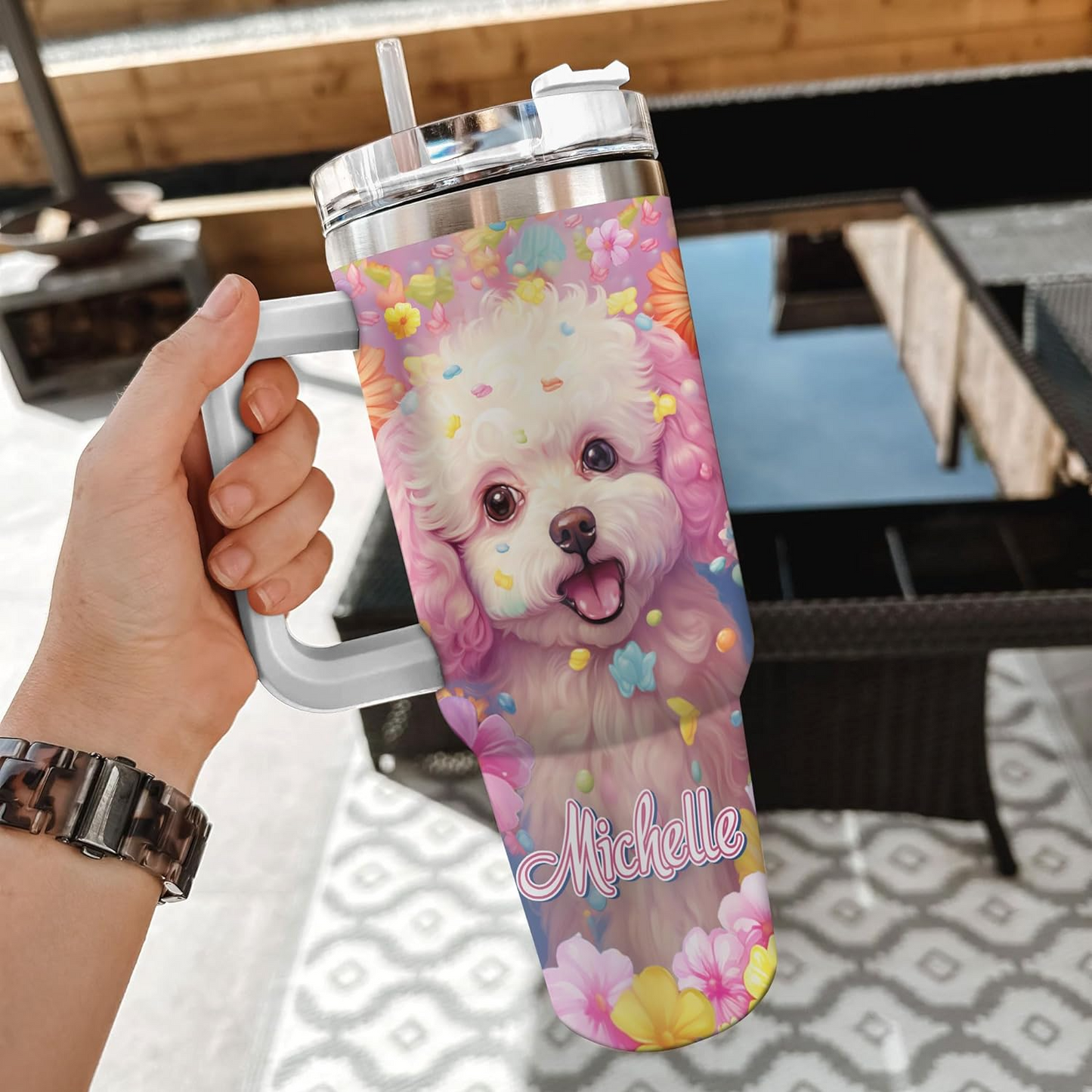 Poodle Spirit Animal Tumbler 40oz – Personalized Stainless Steel Travel Cup with Handle & Straw – Cute Gift for Dog Moms & Pet Lovers