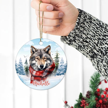 Winter Wolf Ceramic Ornament – Personalized Name, Custom Christmas or Birthday Gift for Wolf Lover, Nature Fan or Cabin Decor
