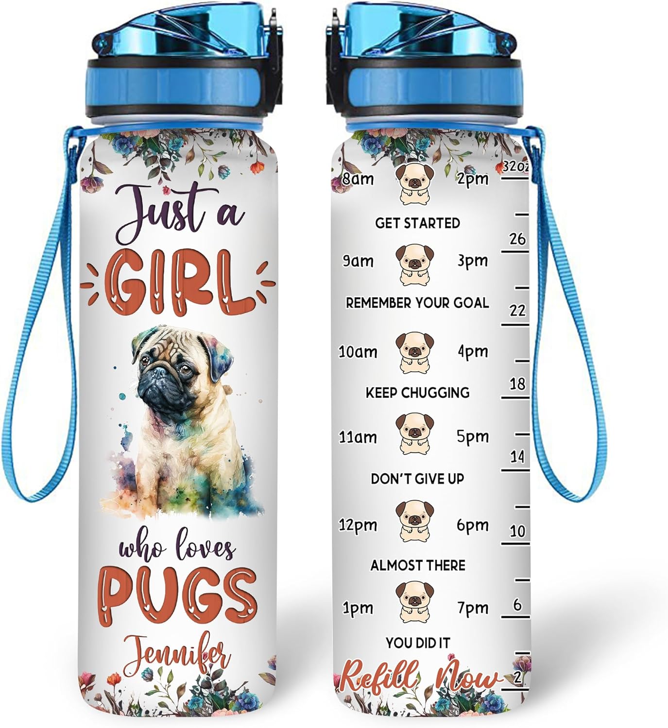 Pug Water Bottle Tracker 32oz Personalized – Cute Dog Hydration Bottle – Mother’s Day or Birthday Gift for Pug Lovers