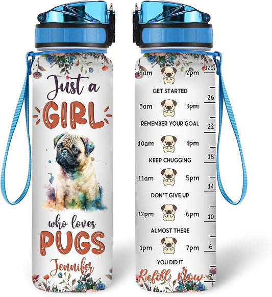 Pug Water Bottle Tracker 32oz Personalized – Cute Dog Hydration Bottle – Mother’s Day or Birthday Gift for Pug Lovers