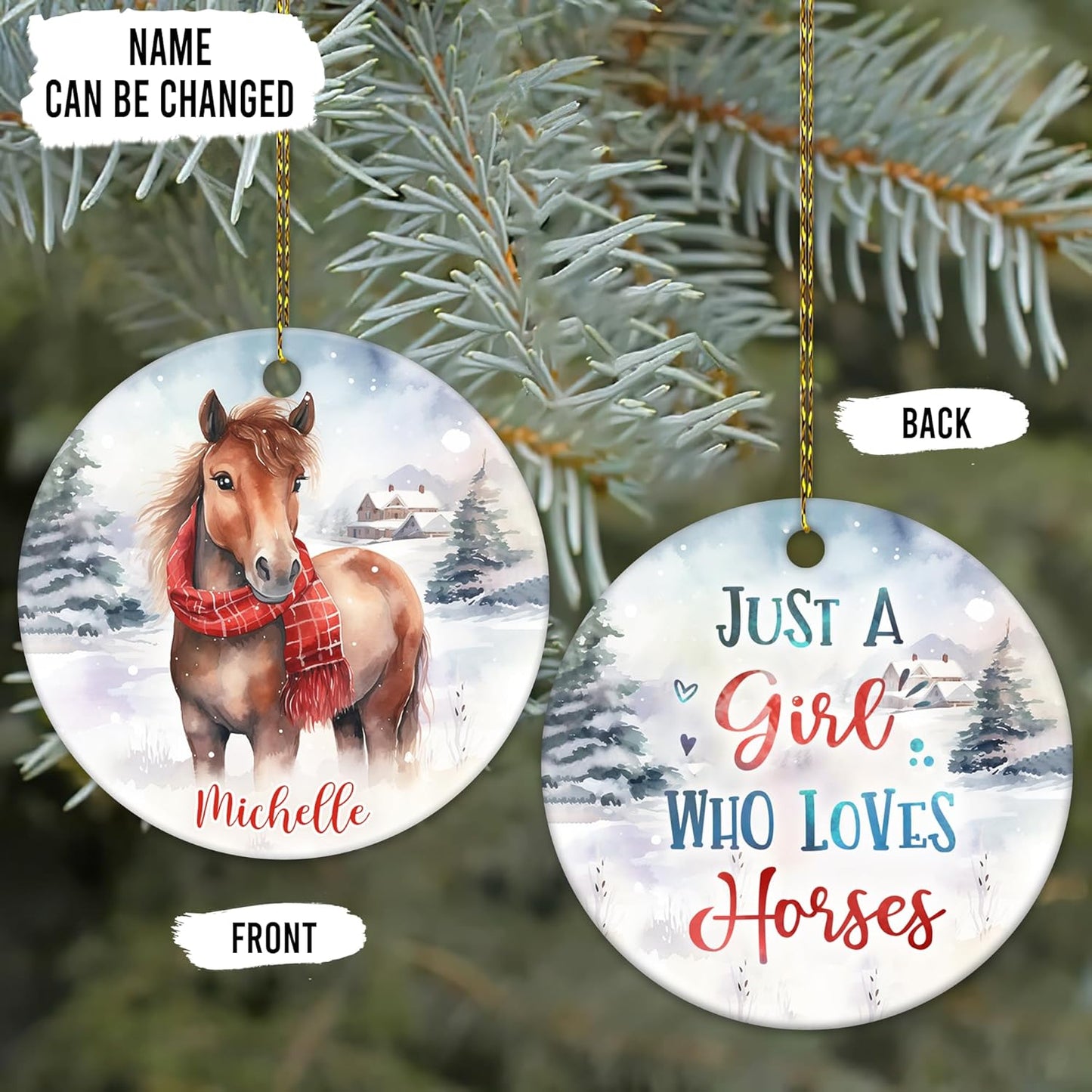 Horse in Snow Scarf Ceramic Circle Ornament – Personalized Christmas Gift for Horse Lover, Rider or Barn Friend