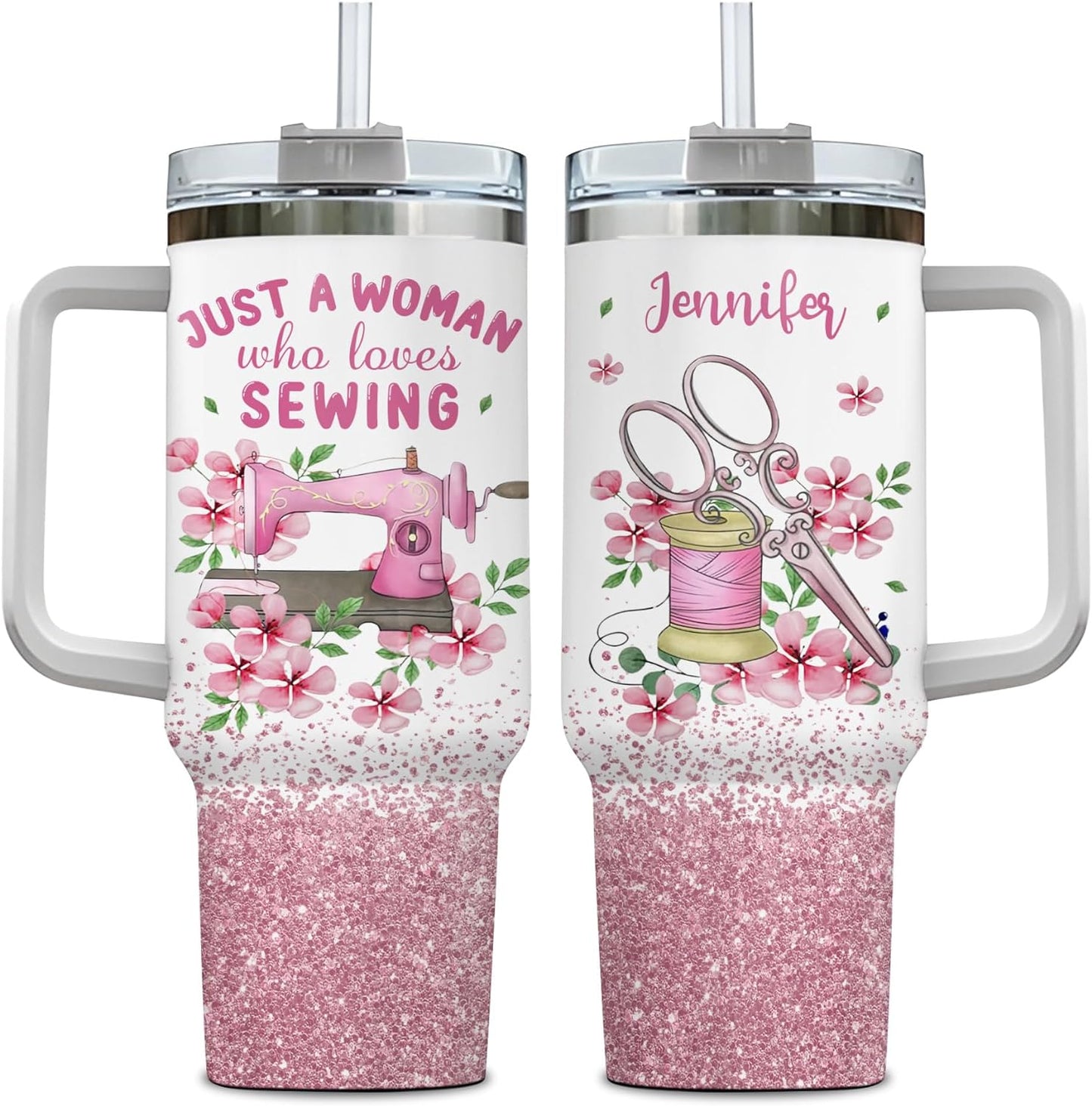 Pink Sewing Tumbler 40oz with Handle & Straw – Personalized Stainless Steel Insulated Travel Cup with Lid – Creative Gift for Sewing Lovers
