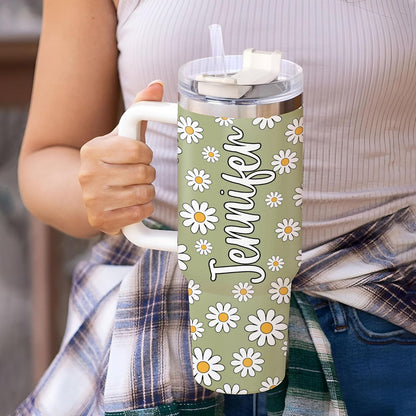 Daisy Flower Pattern Tumbler 40oz with Handle & Straw – Personalized Stainless Steel Insulated Cup with Lid – Stylish Gift for Floral Lovers