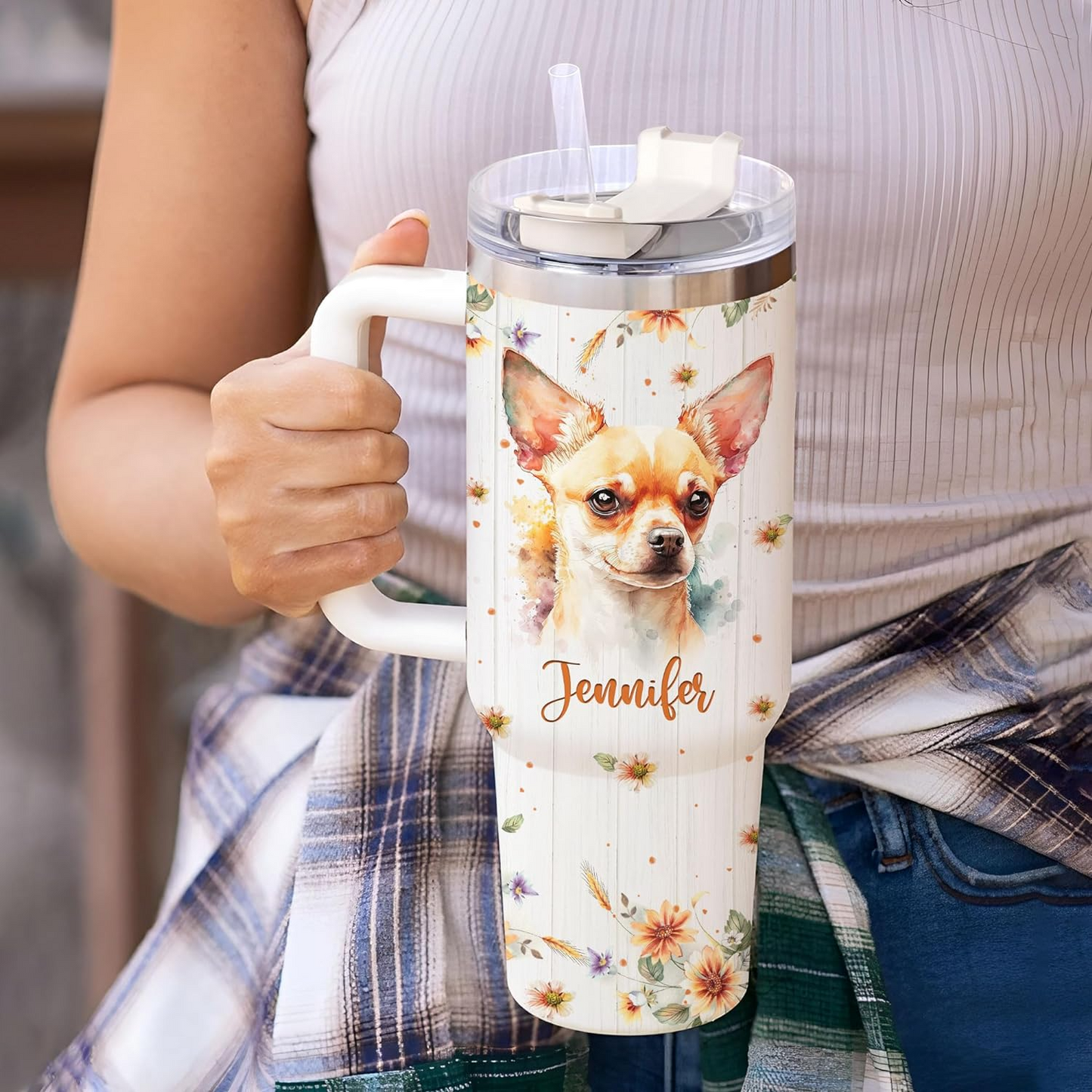 Chihuahua Lover Tumbler 40oz with Handle & Straw – Personalized Stainless Steel Insulated Mug with Lid – Cute Gift for Dog Moms