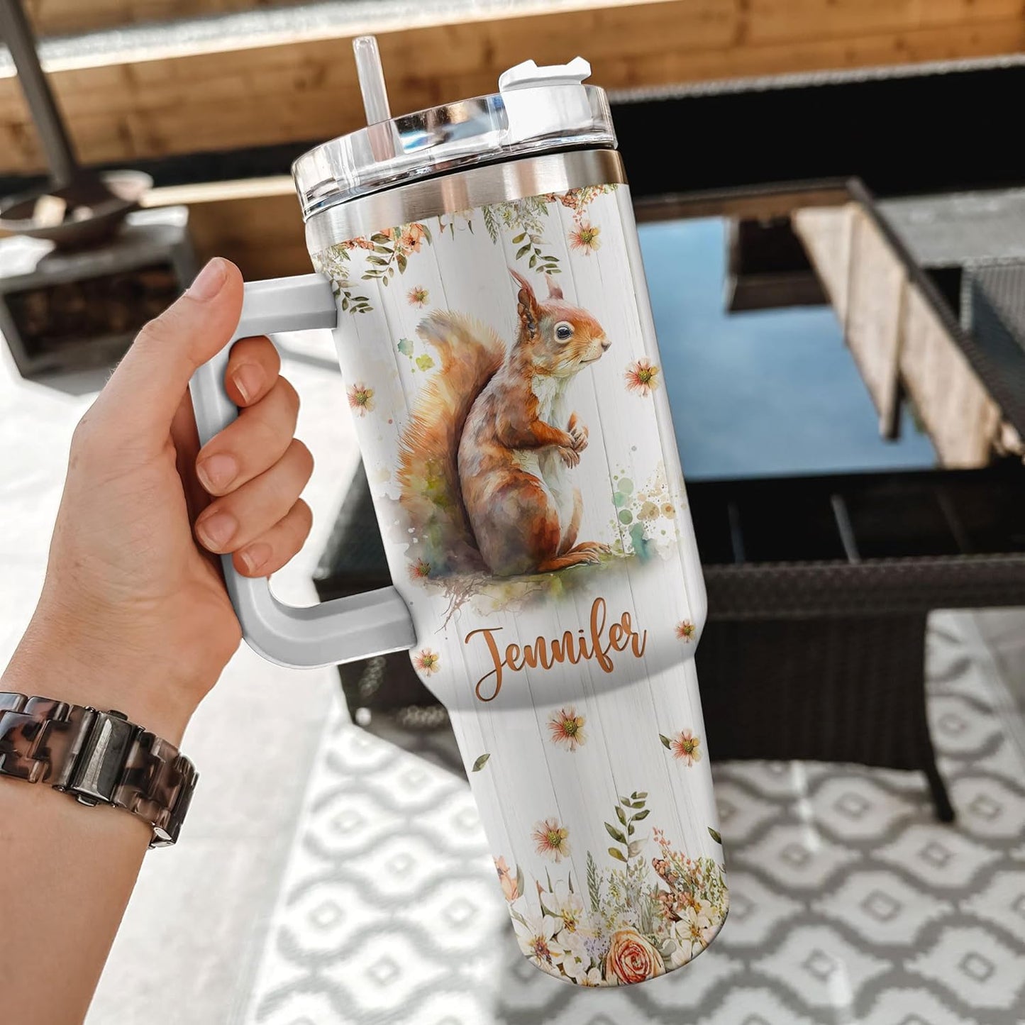 Squirrel Woodland Tumbler 40oz – Personalized Stainless Steel Insulated Cup with Handle & Straw – Cute Gift for Squirrel Lovers