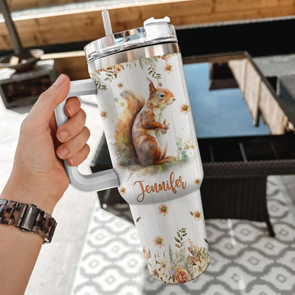 Squirrel Woodland Tumbler 40oz – Personalized Stainless Steel Insulated Cup with Handle & Straw – Cute Gift for Squirrel Lovers