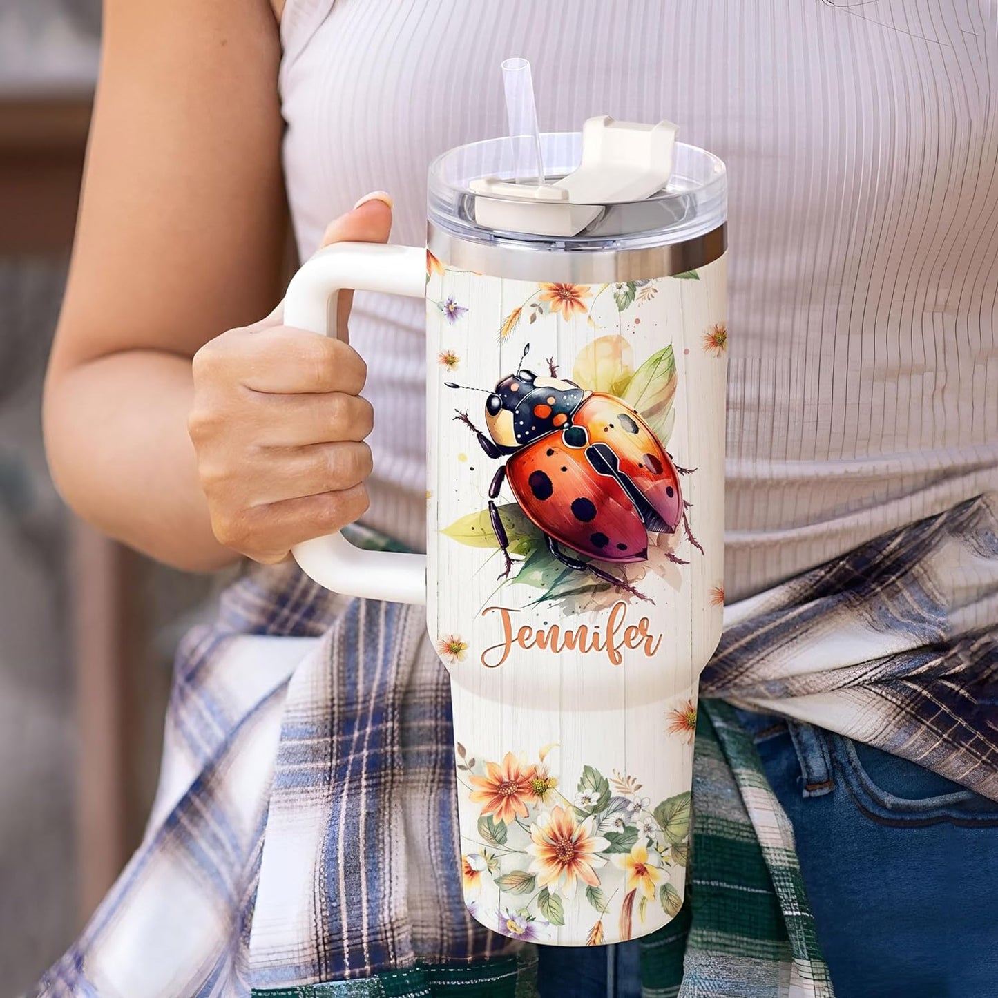 Ladybug Lover Tumbler 40oz with Handle & Straw – Personalized Stainless Steel Travel Mug with Lid – Cute Gift for Insect Lovers