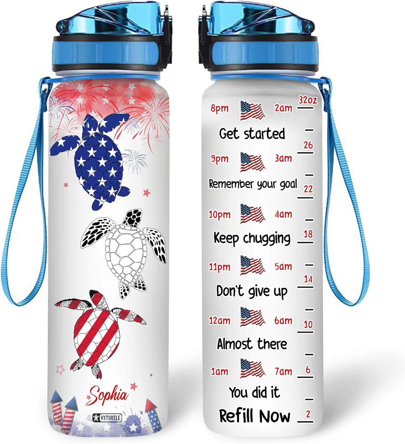 Turtle American Flag - Personalized Water Tracker Bottle 32oz