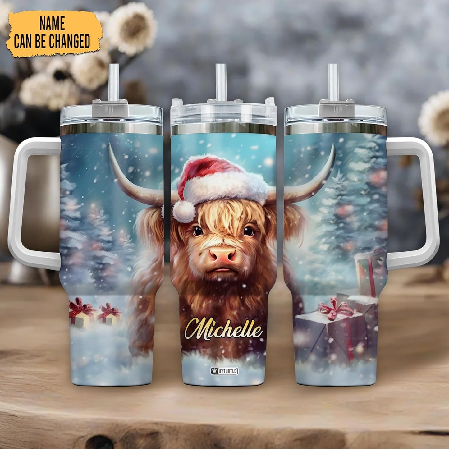 Christmas Highland Cow Tumbler 40oz with Handle & Straw – Personalized Stainless Steel Insulated Cup with Lid – Festive Gift for Cow Lovers