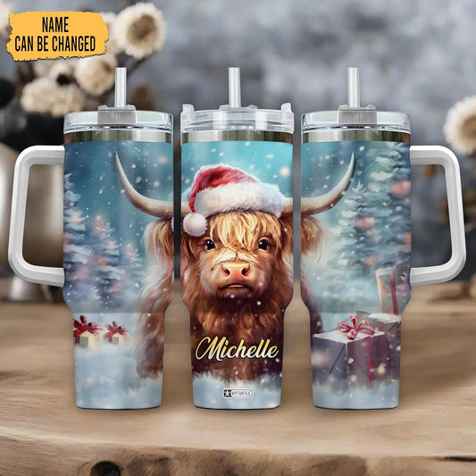 Christmas Highland Cow Tumbler 40oz with Handle & Straw – Personalized Stainless Steel Insulated Cup with Lid – Festive Gift for Cow Lovers
