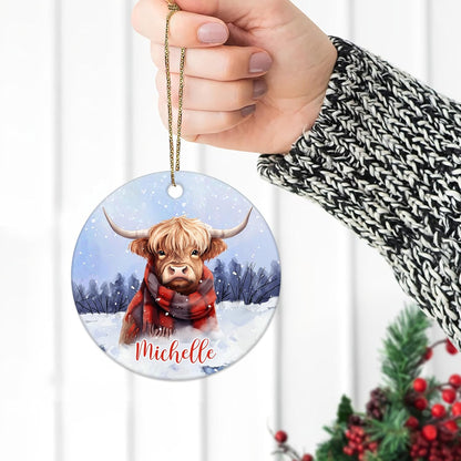 Highland Cow Scarf Ceramic Circle Ornament – Personalized Christmas Gift for Ranch Family or Highland Cow Lover, Cozy Winter Tree Decor