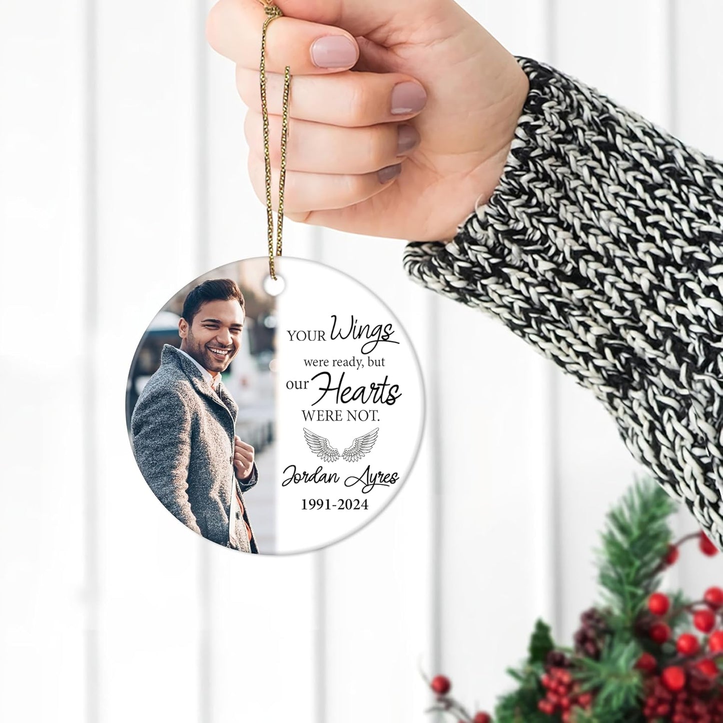 “Your Wings Were Ready” Memorial Ceramic Ornament – Personalized Custom Photo Circle Keepsake, Sympathy Christmas Gift for Family Loss