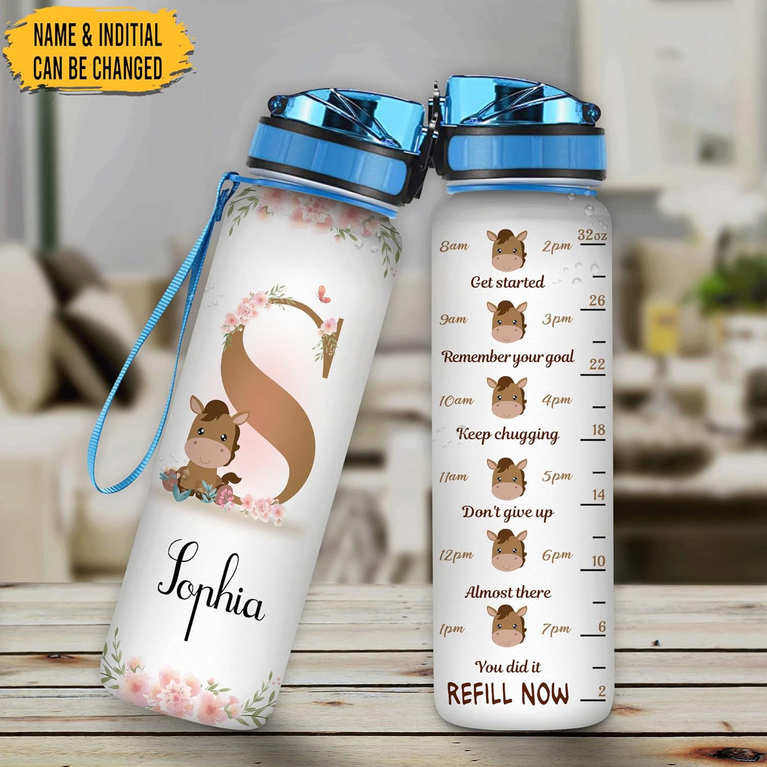 Floral Horses Theme - Personalized Water Tracker Bottle 32oz