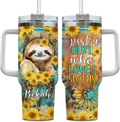 Sunflower Sloth Tumbler 40oz with Handle & Straw – Personalized Stainless Steel Insulated Travel Cup with Lid – Cute Gift for Sloth Lovers