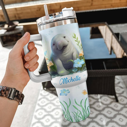 Manatee Ocean Theme Tumbler 40oz with Handle & Straw – Personalized Stainless Steel Insulated Cup with Lid – Cute Gift for Sea Animal Lovers