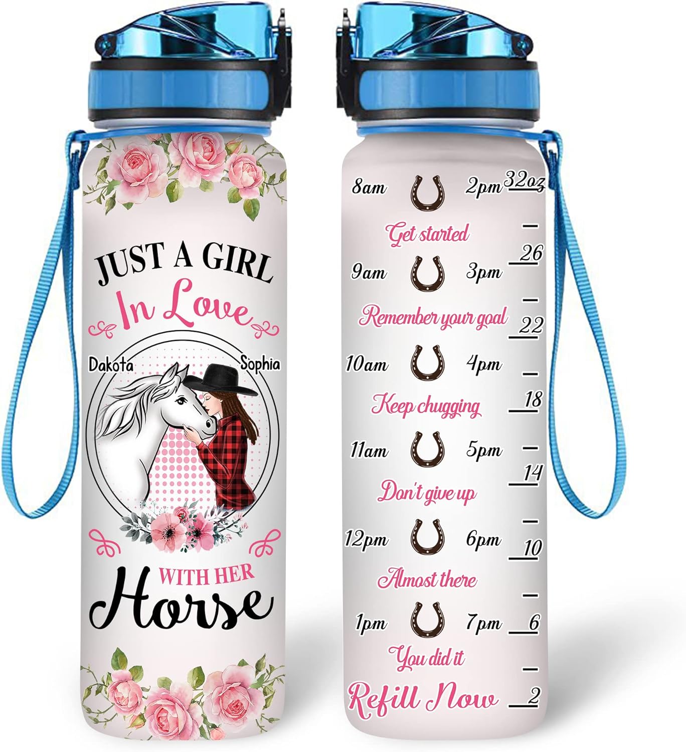 Horse Lovers Water Bottle Tracker 32oz – Personalized BPA-Free Motivational Bottle with Time Marker – Romantic Gift for Girls & Horse Lovers