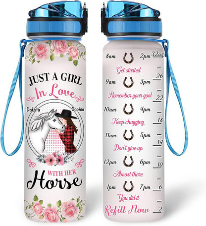 Horse Lovers Water Bottle Tracker 32oz – Personalized BPA-Free Motivational Bottle with Time Marker – Romantic Gift for Girls & Horse Lovers