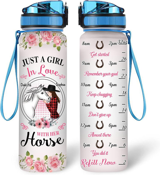 Horse Lovers Water Bottle Tracker 32oz – Personalized BPA-Free Motivational Bottle with Time Marker – Romantic Gift for Girls & Horse Lovers