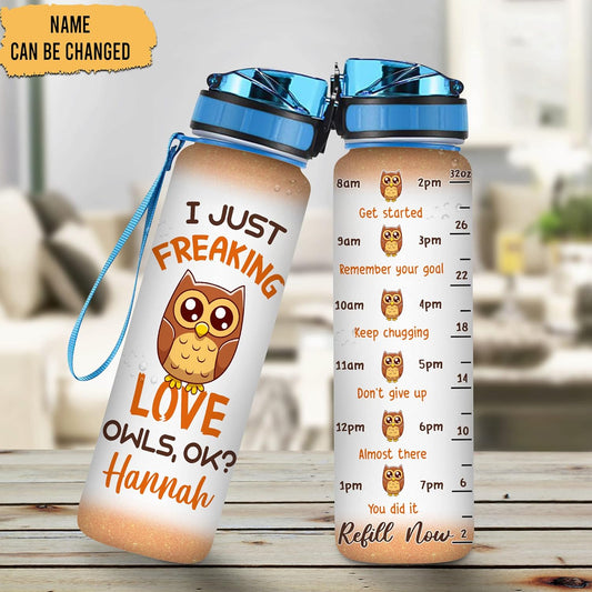 I Just Love Owls Water Bottle Tracker 32oz – Personalized Motivational Bottle with Time Marker – Funny Gift for Animal Lovers