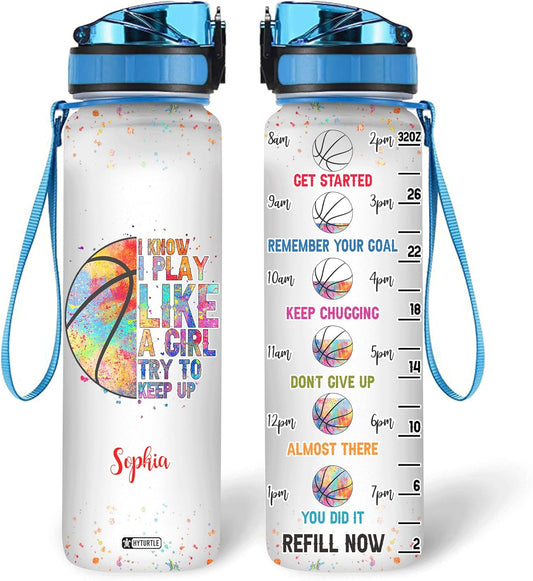 Play Like a Girl Basketball Water Bottle Tracker 32oz – Personalized Sports Gift for Women & Girls Who Love Basketball