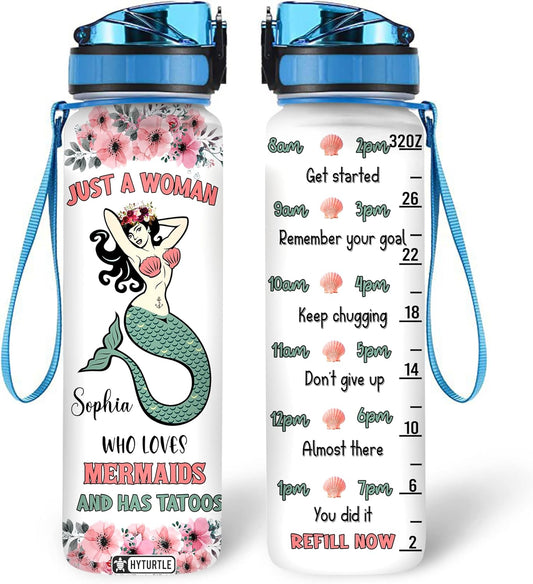 Mermaid Tattoo Theme Water Bottle Tracker 32oz – Personalized Hydration Bottle with Time Marker – Creative Gift for Mermaid Lovers