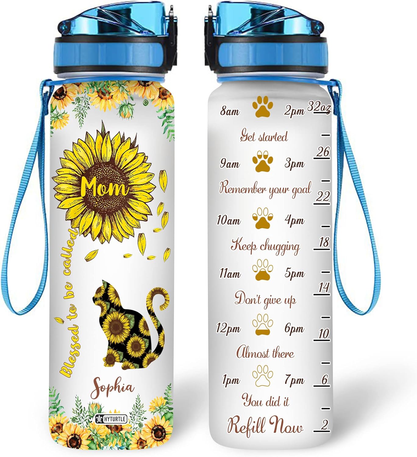 Blessed To Be Called Cat Sunflower - Personalized Water Tracker Bottle 32oz