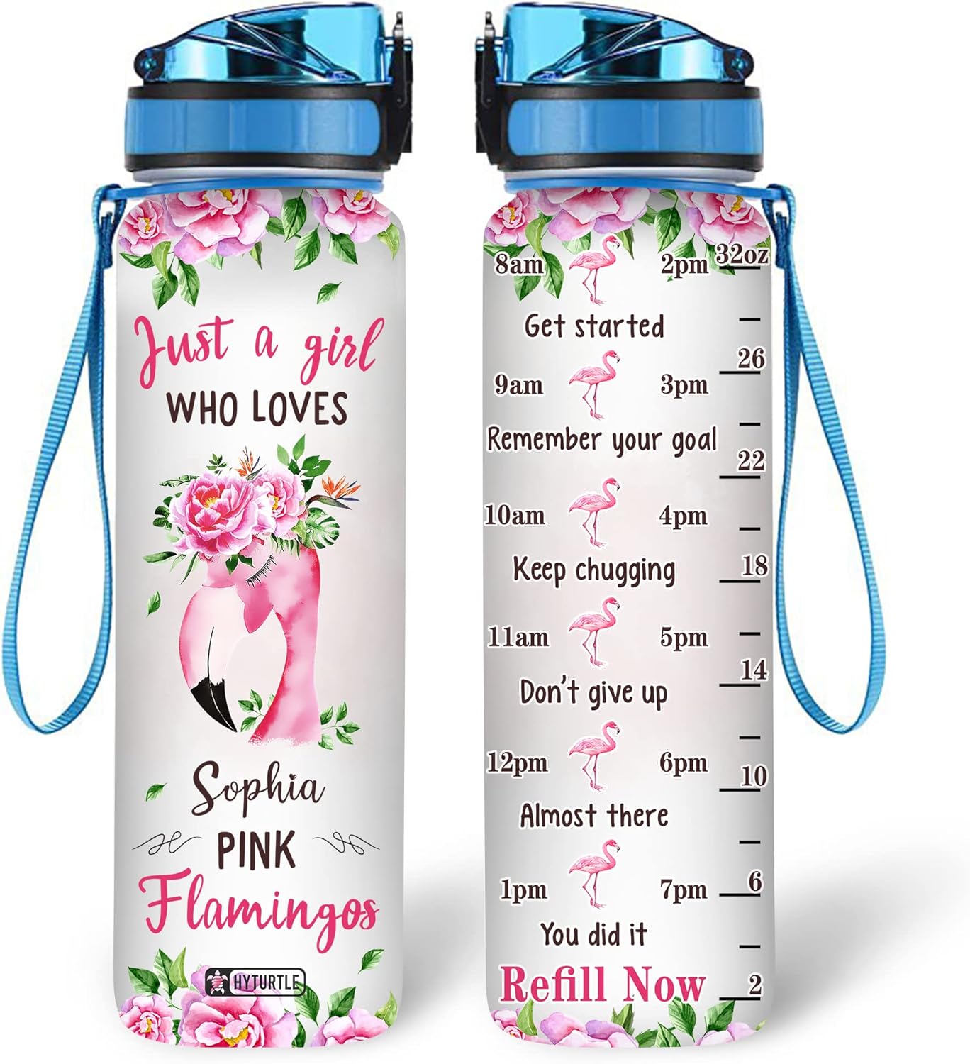 Pink Flamingo Water Bottle Tracker 32oz – Personalized Hydration Bottle with Time Marker – Stylish Gift for Flamingo Lovers