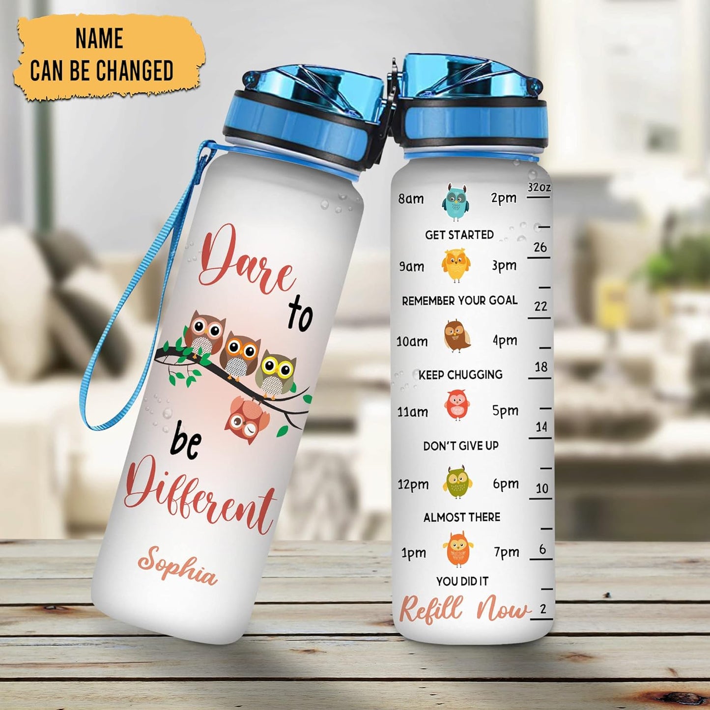 Dare To Be Different Owl Water Bottle Tracker 32oz – Personalized Motivational Hydration Bottle – Inspiring Gift for Owl Lovers