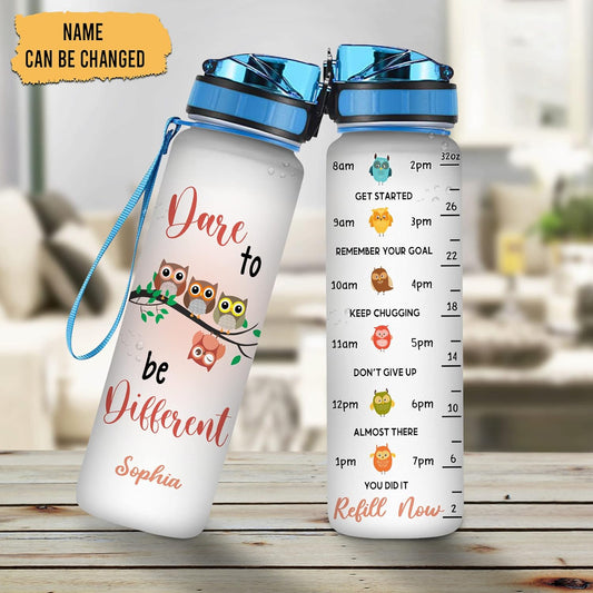 Dare To Be Different Owl Water Bottle Tracker 32oz – Personalized Motivational Hydration Bottle – Inspiring Gift for Owl Lovers