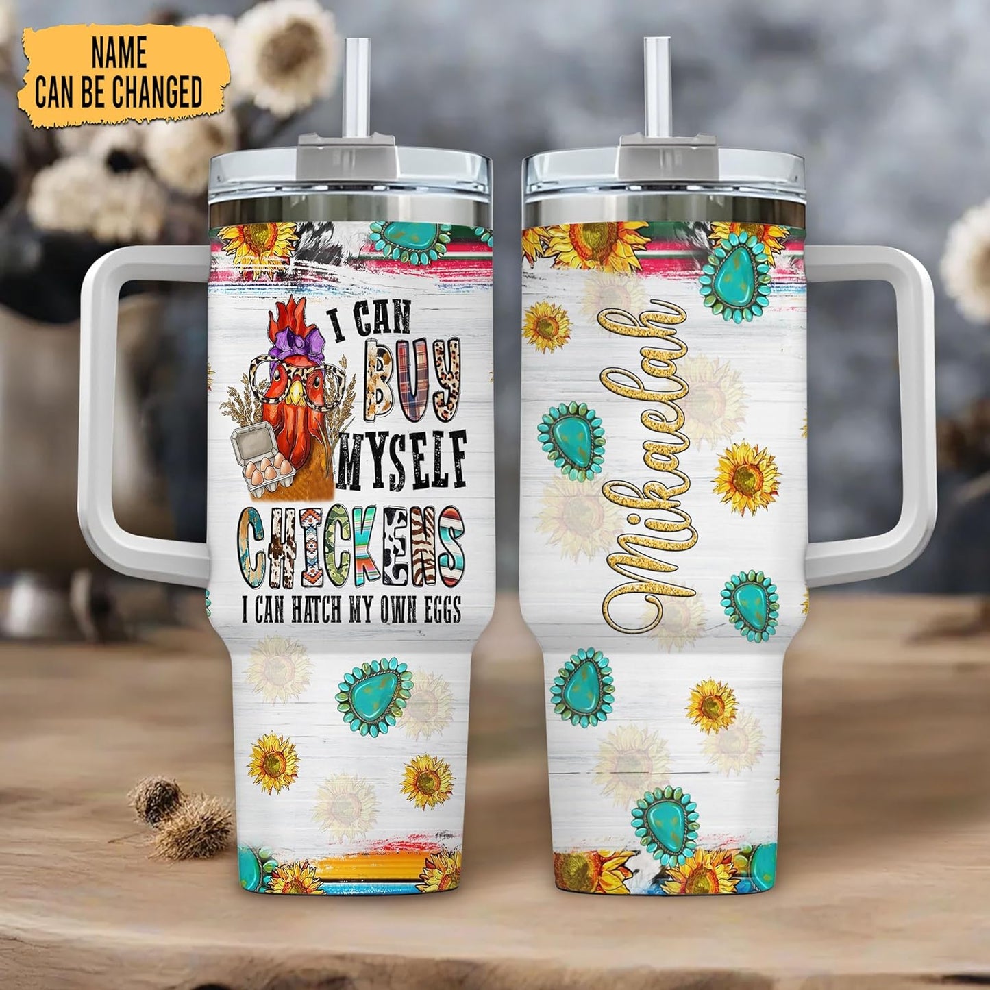 Sunflower Chicken Tumbler 40oz with Handle & Straw – Personalized Stainless Steel Insulated Travel Cup with Lid – Stylish Gift for Farm Animal Lovers