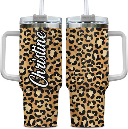 Leopard Print Tumbler 40oz with Handle & Straw – Personalized Stainless Steel Insulated Travel Cup with Lid – Stylish Gift for Women