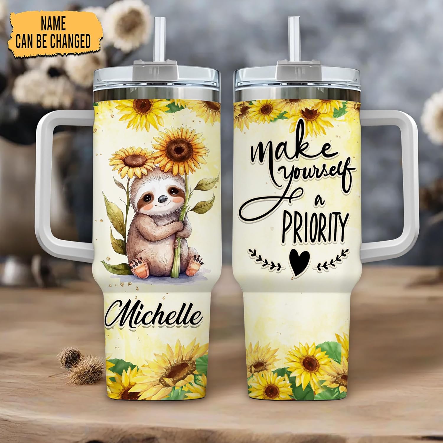 Cute Sloth & Sunflower Tumbler 40oz with Handle & Straw – Personalized Stainless Steel Insulated Travel Cup with Lid – Adorable Gift for Sloth Lovers