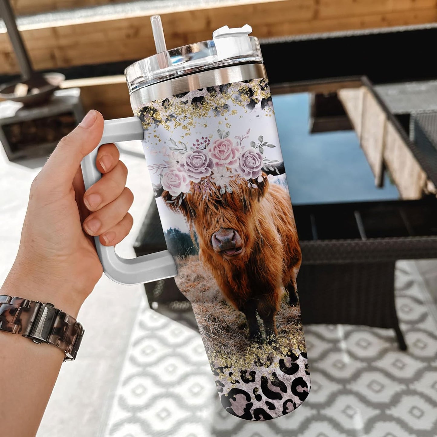 Floral Highland Cow Tumbler 40oz – Personalized Stainless Steel Insulated Travel Cup with Handle & Straw, Leak-Proof Lid – Stylish Gift for Farm Animal Lovers