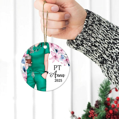 Physical Therapist Scrubs Floral Ceramic Circle Ornament – Personalized Christmas Gift for PT or PTA, Clinic Team Appreciation Decor
