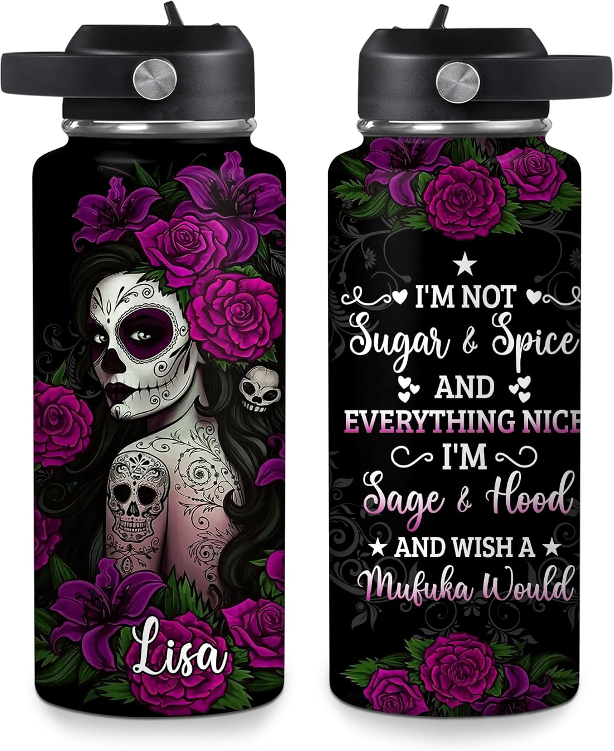 Sugar Skull Water Bottle 32oz – Travel Insulated Stainless Steel Bottle with Leak-Proof Lid – Gothic Roses Day of the Dead Gift