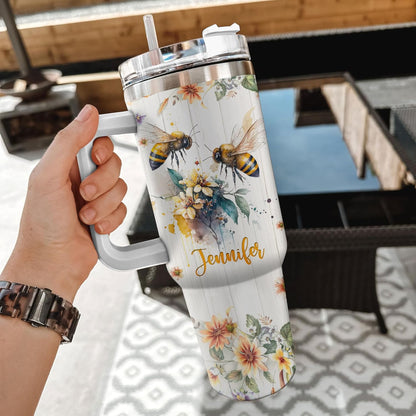 Bee Lover Tumbler 40oz with Handle & Straw – Personalized Stainless Steel Travel Mug with Lid – Cute Gift for Nature & Garden Lovers