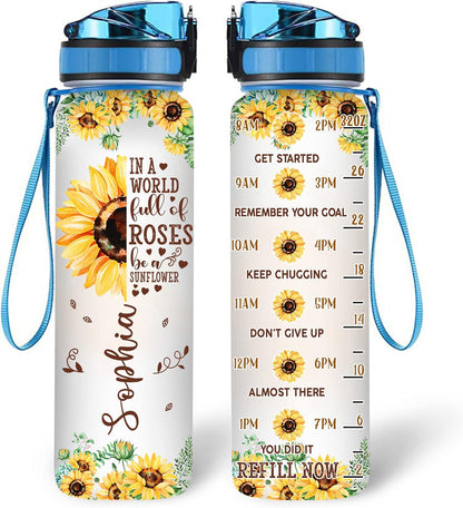 Faith & Sunflower Water Bottle Tracker 32oz Personalized – Inspirational Christian Motivational Bottle – Creative Gift for Women
