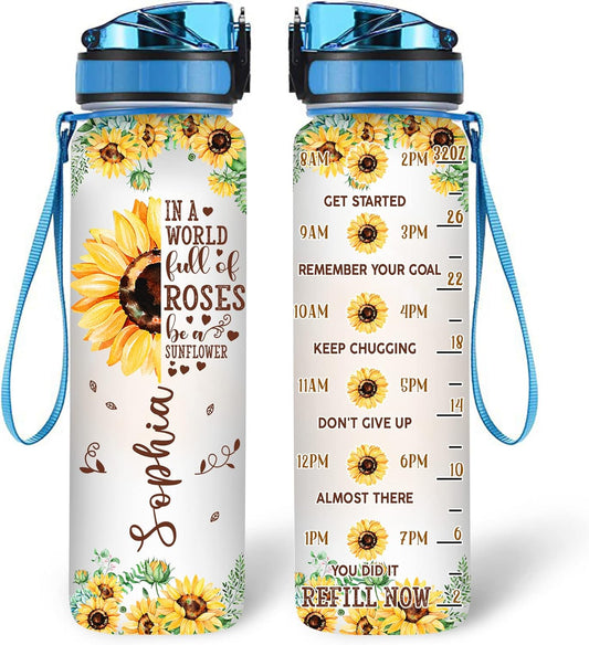 Faith & Sunflower Water Bottle Tracker 32oz Personalized – Inspirational Christian Motivational Bottle – Creative Gift for Women