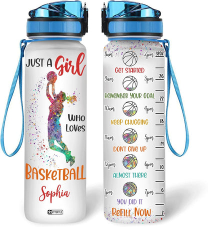 Just a Girl Who Loves Basketball Water Bottle Tracker 32oz – Personalized Sports Gift for Basketball Fans on Birthday
