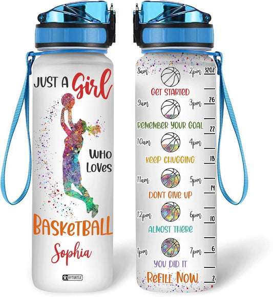 Just a Girl Who Loves Basketball Water Bottle Tracker 32oz – Personalized Sports Gift for Basketball Fans on Birthday