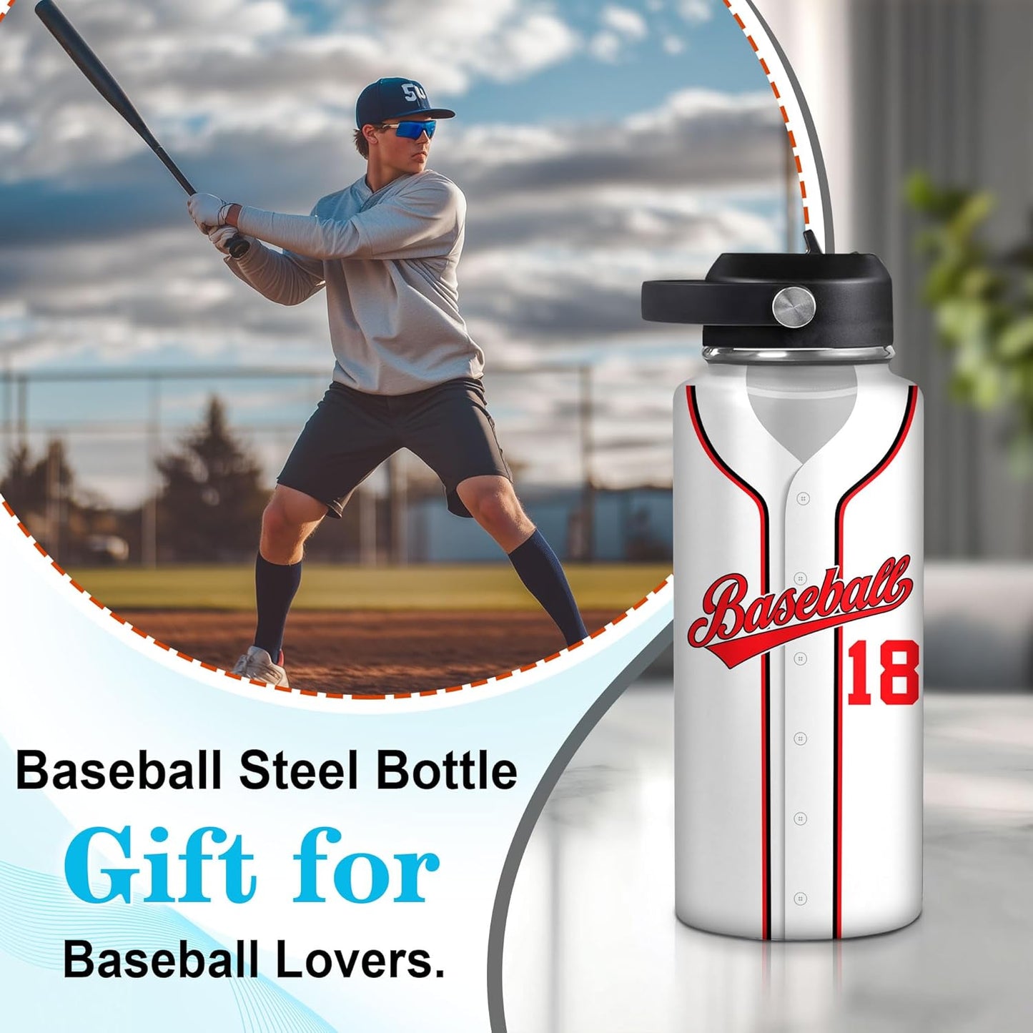 Personalized Baseball Water Bottle – Custom Stainless Steel Insulated Sports Bottle with Name, 18oz 32oz – Gift for Baseball Players, Boys, Men, Coaches, Birthday, Christmas