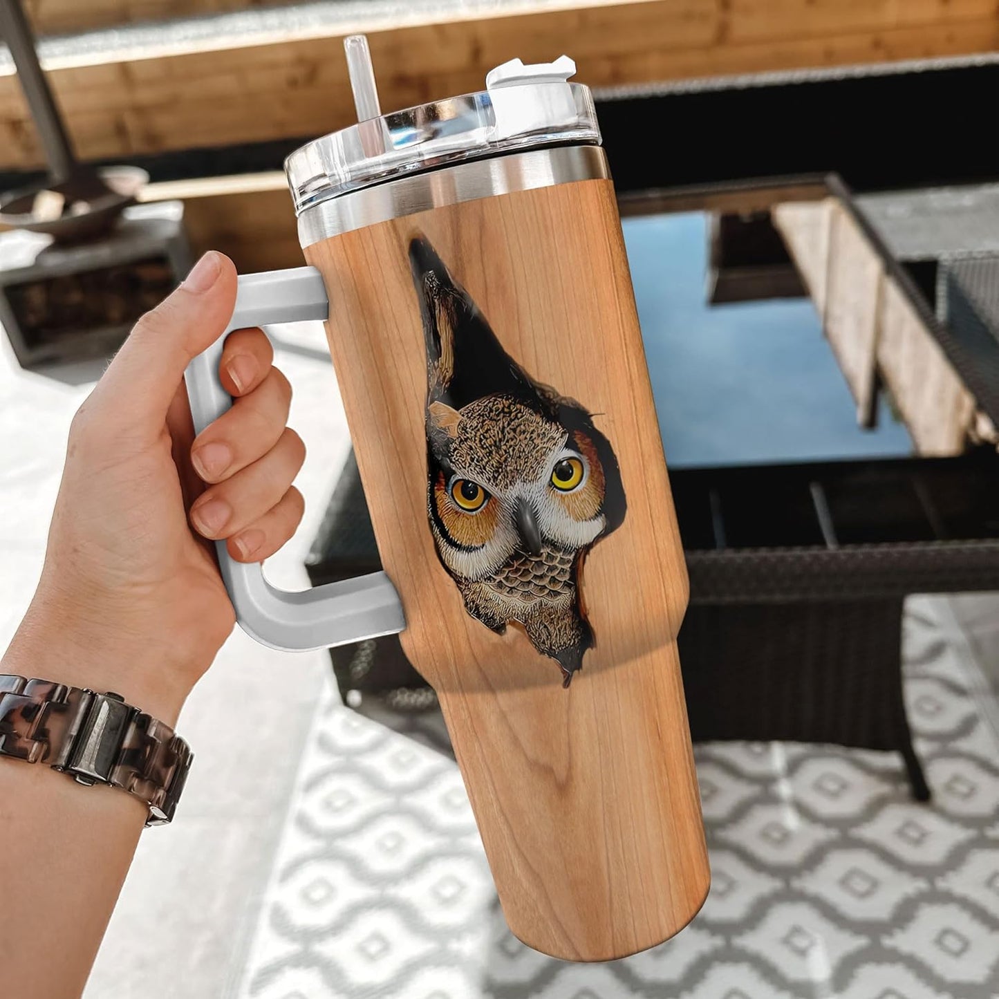 Rustic Wood Owl Tumbler 40oz with Handle & Straw – Personalized Stainless Steel Insulated Cup with Lid – Unique Gift for Owl Lovers