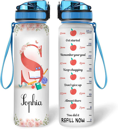 Teacher Theme Water Bottle Tracker 32oz – Personalized Motivational Bottle with Time Marker – Unique Gift for Teachers
