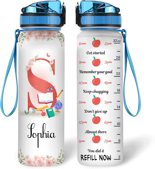 Teacher Theme Water Bottle Tracker 32oz – Personalized Motivational Bottle with Time Marker – Unique Gift for Teachers