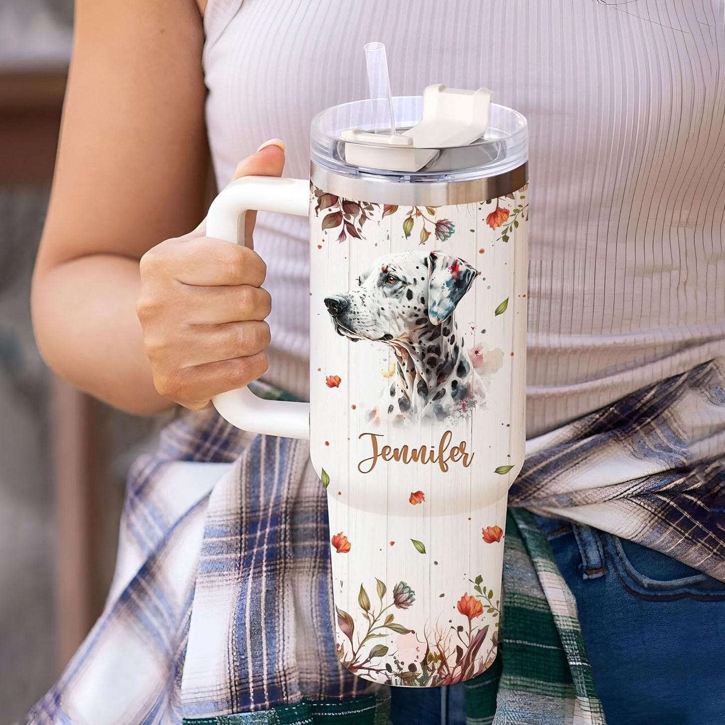 Dalmatian Dog Lover Tumbler 40oz – Personalized Stainless Steel Travel Cup with Handle & Straw, Watercolor Floral Design – Stylish Gift for Women & Girls